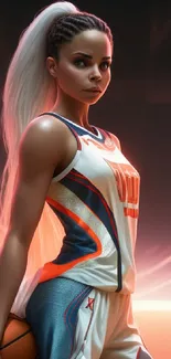 A dynamic CGI basketball girl in action on the court.