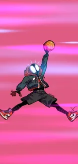 Superhero jumping with basketball on pink background.