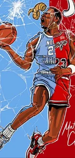 Basketball player artwork with red and blue design, perfect for mobile wallpaper.