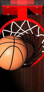 Basketball entering hoop on vibrant court wallpaper.