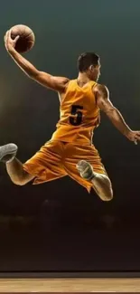 Athlete in orange jersey jumps with basketball in dynamic pose.