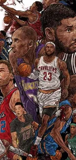 Artistic collage of legendary basketball players in dynamic action.