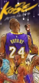 Artistic rendering of iconic basketball players, vibrant and colorful.