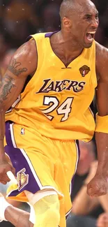 A dynamic basketball player in action wearing a vibrant yellow jersey.