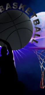 Basketball night wallpaper with hoop and moon in vibrant colors.