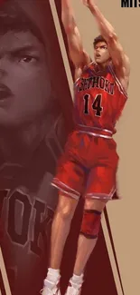 Basketball player in red jersey jumping dynamically.