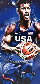 Energetic basketball player in USA jersey, art wallpaper.