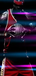 Basketball player in red jersey on dark background, holding a basketball with focus and intensity.