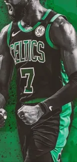 Dynamic side profile of a basketball player with a green themed background.