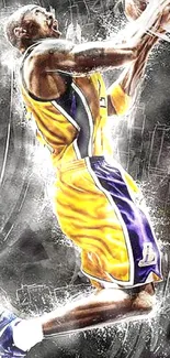 Dynamic basketball player in yellow uniform jumping to shoot a ball.