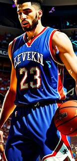 Basketball player holding ball on court, vibrant colors.