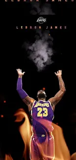 Basketball player in Lakers jersey, dynamic pose with fire and smoke accents.