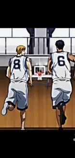 Two animated basketball players in motion on an indoor court.