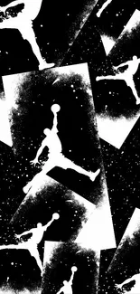 Dynamic basketball silhouette wallpaper in black and white with a starry background.