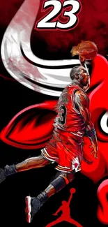 Dynamic basketball player dunking with vibrant red backdrop.