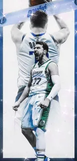 Dynamic basketball player wallpaper with vibrant blue hues.