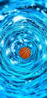 Basketball spinning in a vibrant blue vortex.