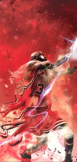 Dynamic basketball player in red with vibrant energy swirls.