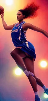 Basketball player in action with vibrant background art.