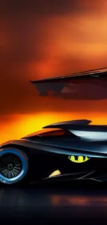 Sleek Bat Car against fiery sunset sky.