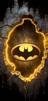 Batman emblem glowing on cracked surface background.