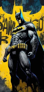 Batman in dynamic comic art with a bold yellow background.