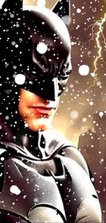 Dramatic Batman wallpaper with snow and lightning in Gotham.