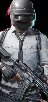 Helmeted warrior holding a rifle with dynamic gaming design.