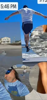 Collage of dynamic beach scenes with clear blue skies.