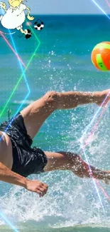 Man performing a bicycle kick at the beach with a colorful ball.