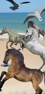 Beach with horses and seagulls, dynamic scene.