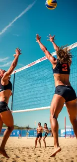 Beach volleyball players in action under a blue sky on a sunny day.