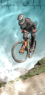 Mountain biker jumps with turquoise sky backdrop, inspiring peace and thrill.