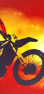 Silhouette of a motorcyclist riding against a dynamic red and yellow fiery background.