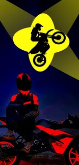 Biker performing stunts under a yellow spotlight on a dark background.