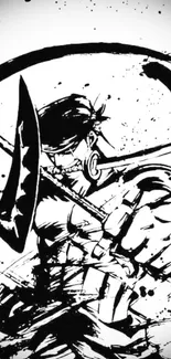 Black and white anime art with a warrior.