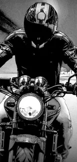 Motorcycle rider in black and white illustration, showcasing speed and adventure.