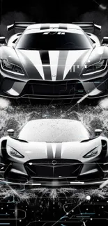 Black and white sports cars in dynamic splash design wallpaper.