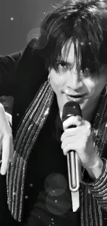 Charismatic lead singer in dynamic black and white concert setting.