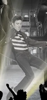 Black and white dynamic dance pose with spotlight effect.