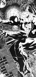 Black and white illustration of a superhero in action over a cityscape.