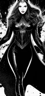 Black and white illustration of a dynamic heroine with flowing hair.