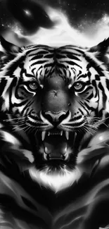 Black and white tiger face with cosmic background wallpaper.