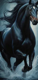 A dynamic black stallion running through ocean waves with flowing mane.