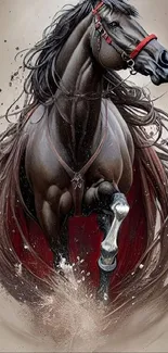 Dynamic black horse with flowing mane, captivating design.