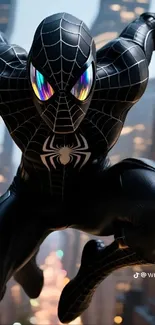 Black-suited superhero leaping through a city skyline at night.