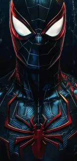 Black spider suit with red accents in intense mobile wallpaper design.