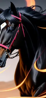 Majestic black stallion with fiery mane in stunning digital art.