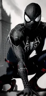 Black-suited superhero crouching in cityscape wallpaper.