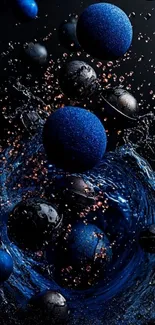 Dynamic abstract art featuring blue spheres and splashes on a dark background.